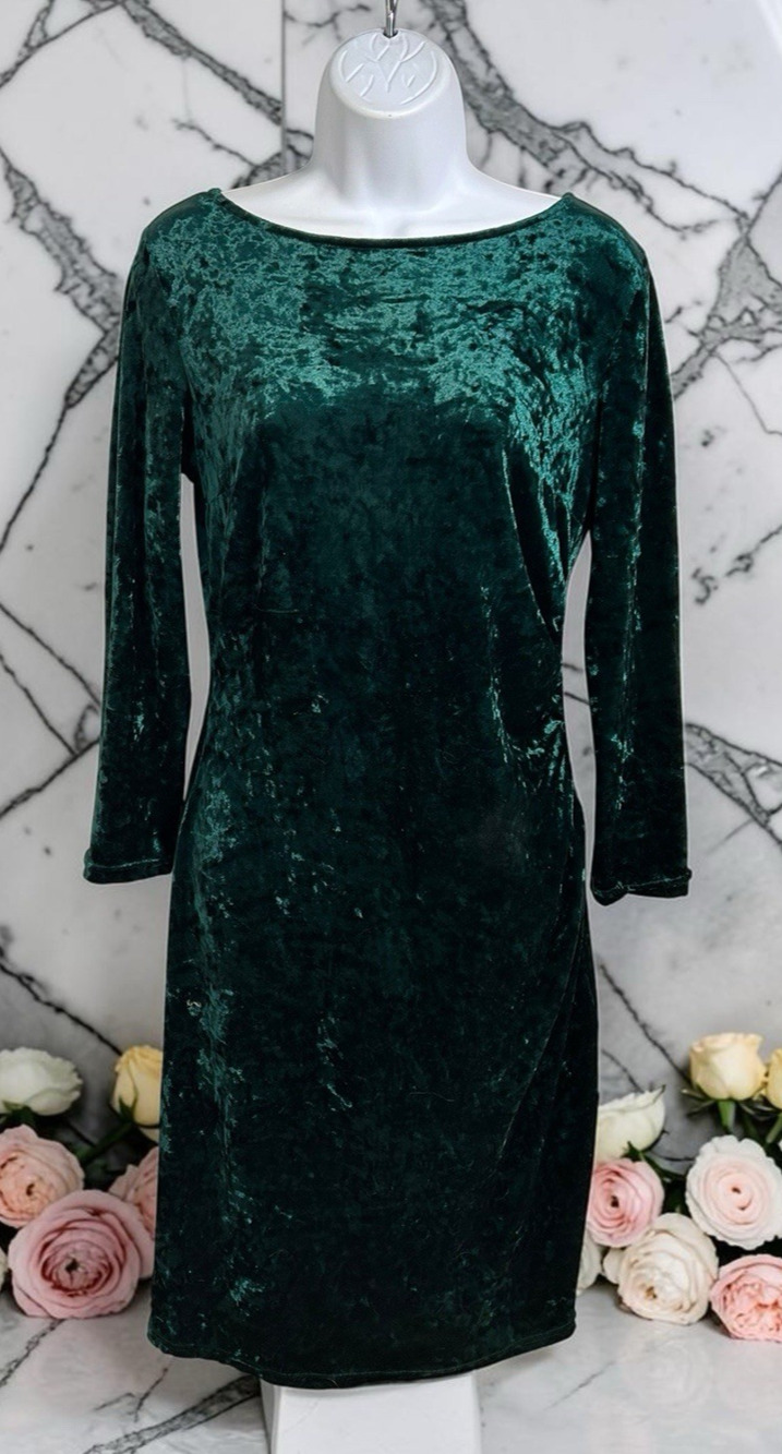 InsNova Green Velour Fitted Midi Dress Sz M Long-Sleeve Formal Holiday Ruched